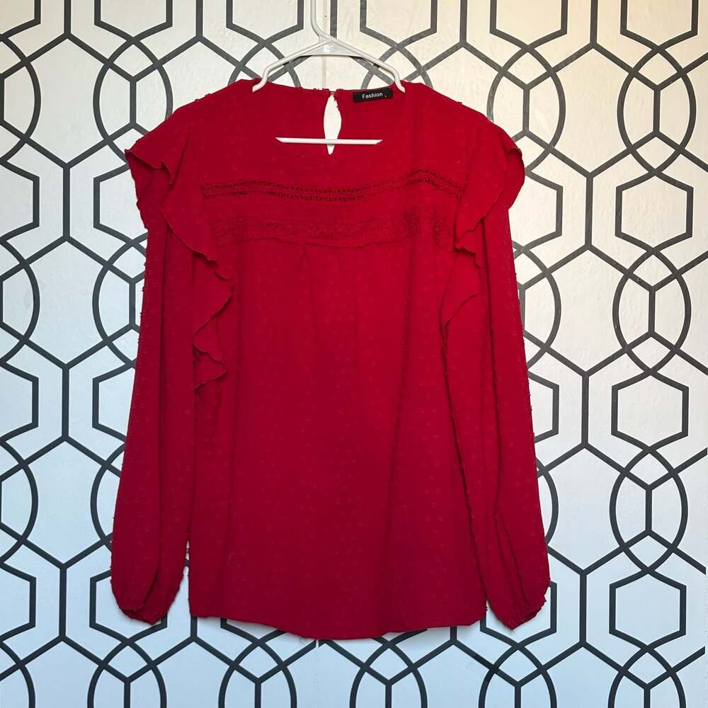 Fashion Women's Long Sleeve Swiss Dot Ruffle Blouse Red Size Large